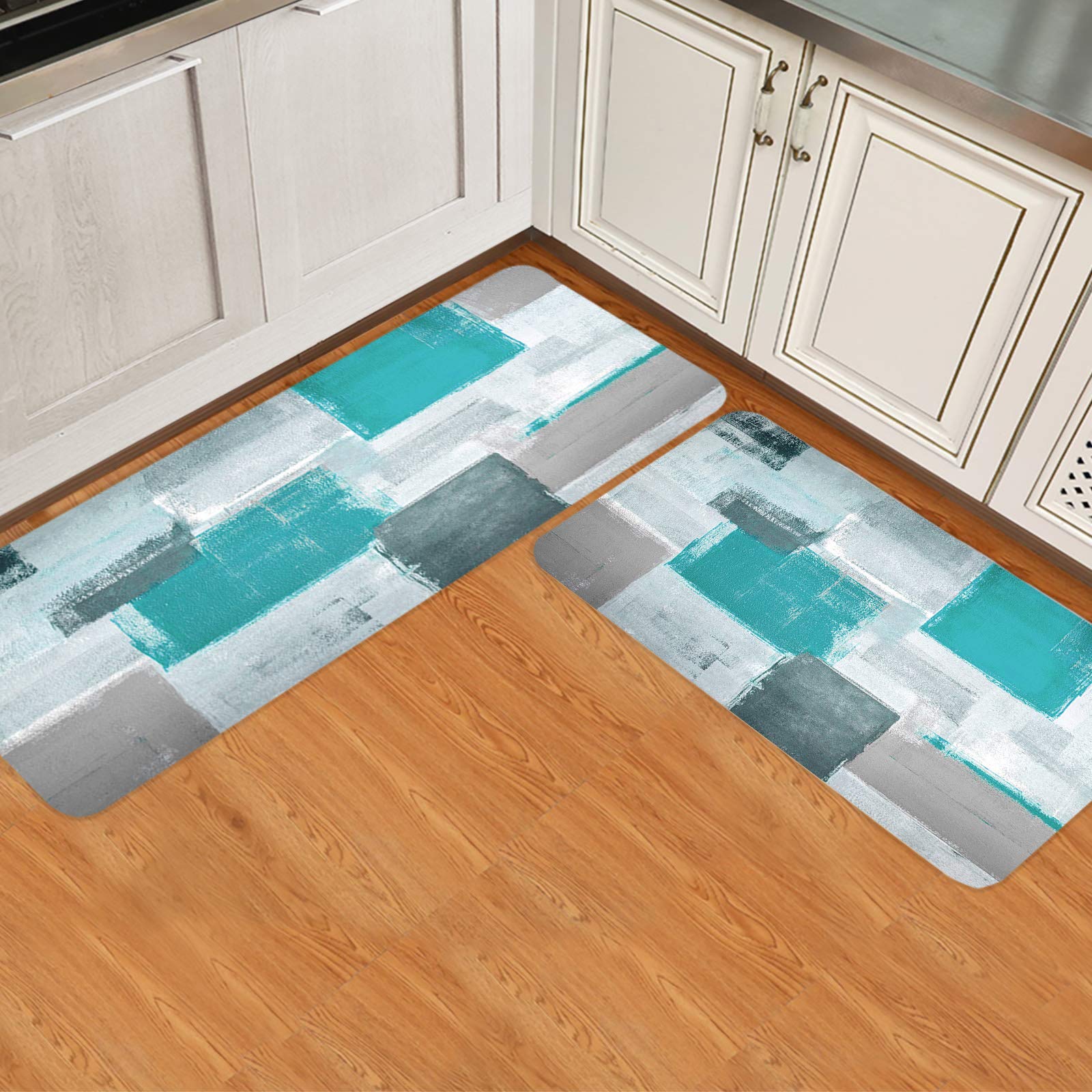 ARTSHOWING Non-Slip Kitchen Rugs Set of 2 - Teal Grey Abstract Art Design, Durable Floor Mats for Sink & Laundry Areas (23.6x35.4in + 23.6x70.9in) - Perfect for Home, Office & Gift Giving - Adds Style to Modern Kitchens & Utility Spaces