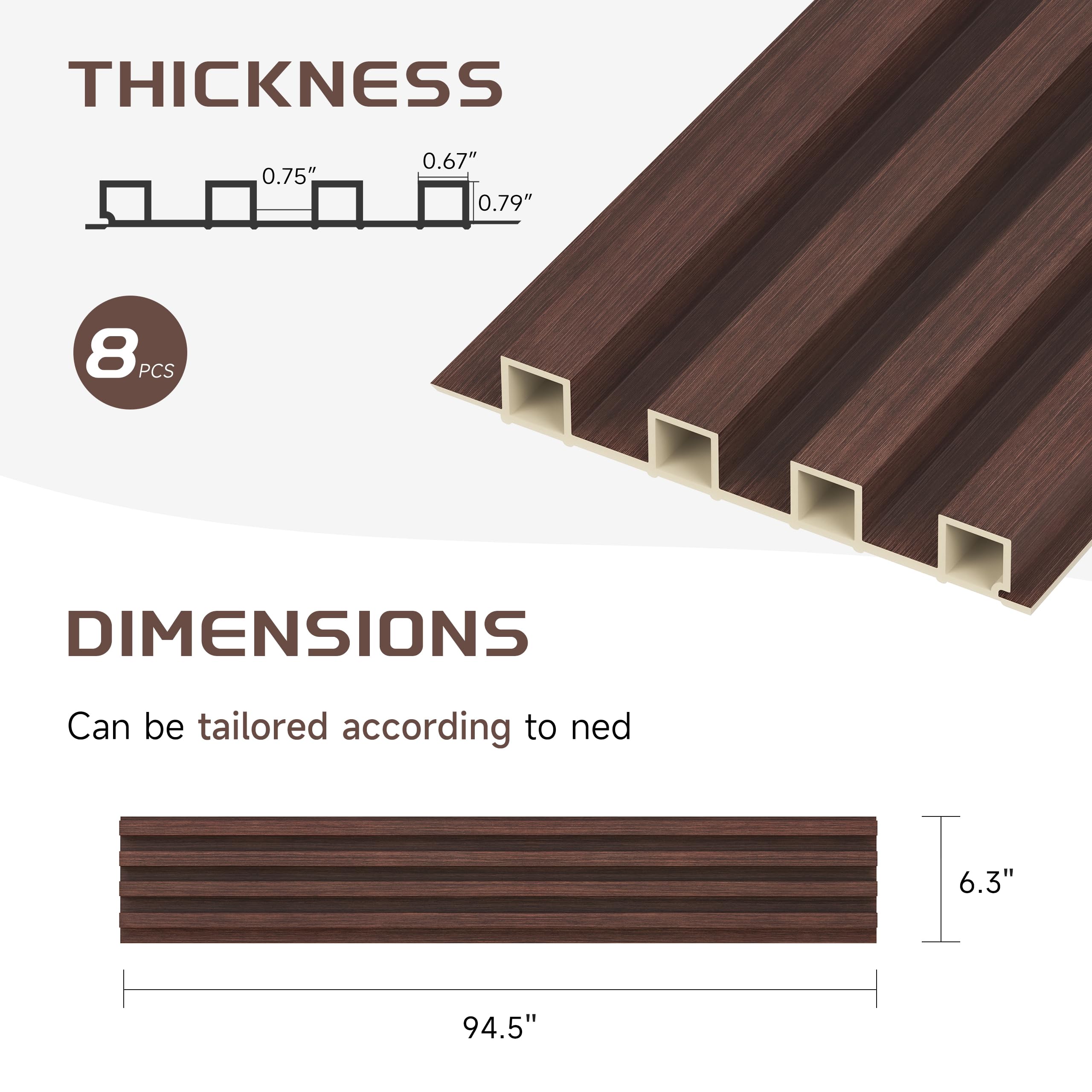 Premium WPC Slat Wall Panels - 8 Pack Modern Wood Slats for Walls & Ceilings | Acoustic Soundproofing Panels | Walnut Finish 95