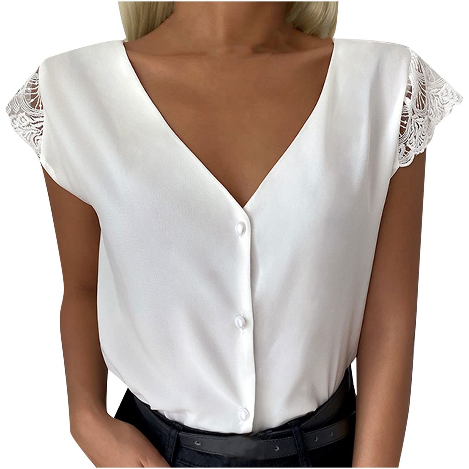 Women's Lace Short Sleeve V-Neck T-Shirt - Sexy Backless Button Down Tunic Top with Lace Trim | Casual Summer Blouse for Date Night & Beach Outfits