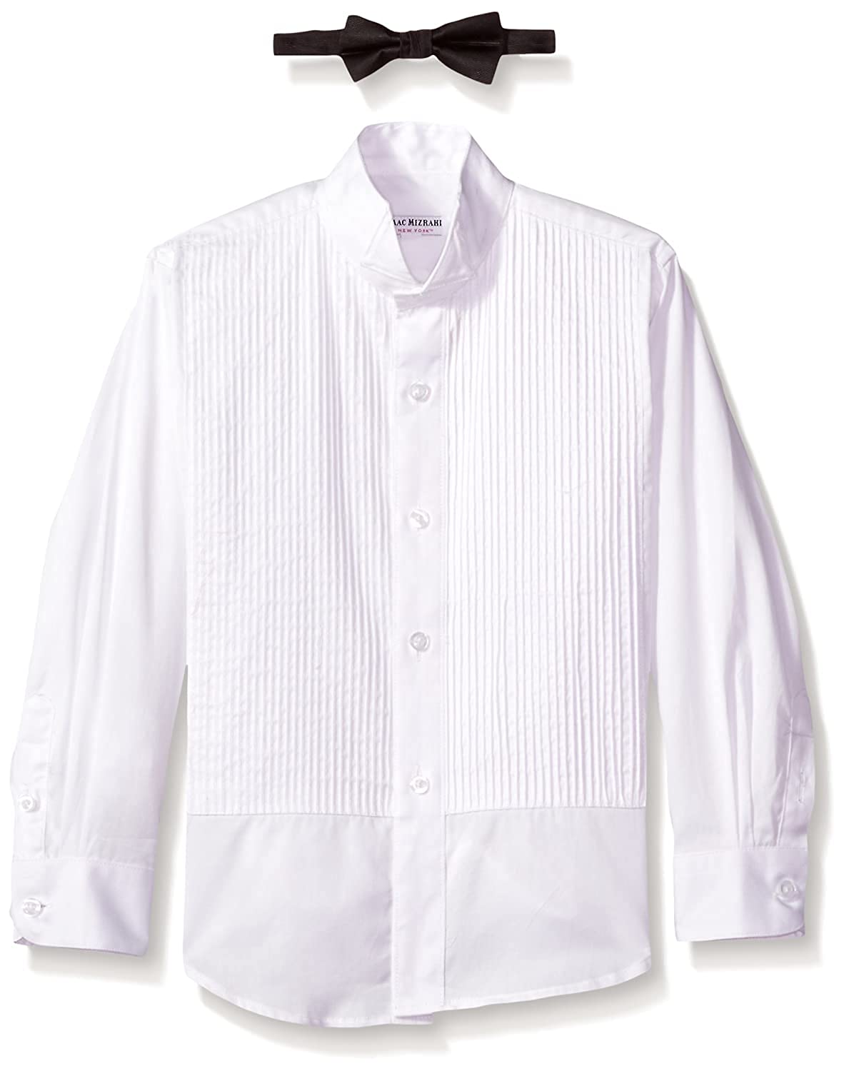 Isaac Mizrahi Boys 100% Cotton Formal Tuxedo Shirt with Button Cuffs & Wingtip Collar + Bowtie Set - Perfect for Weddings, Prom & Special Occasions