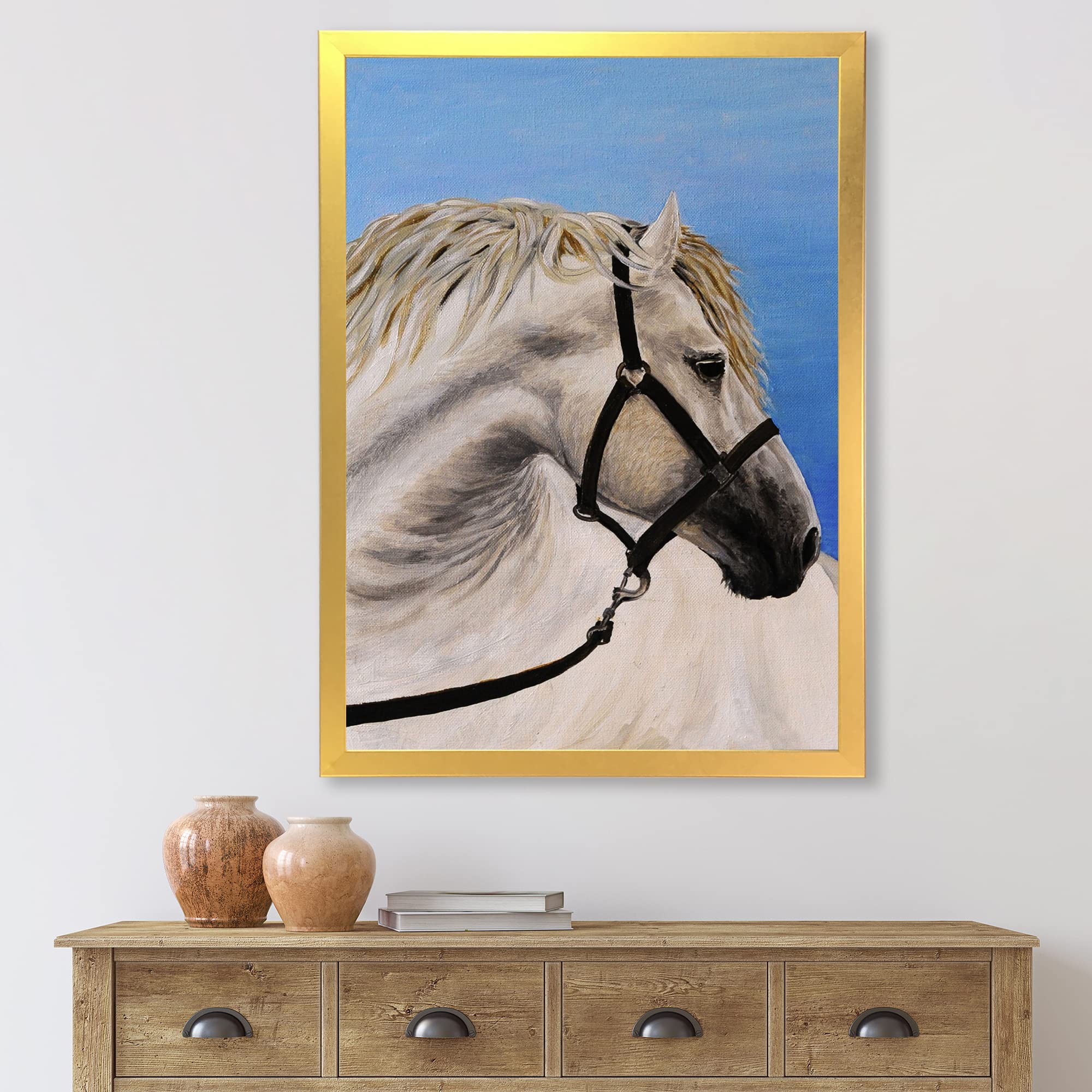 Farmhouse Framed Wall Art - Portrait of White Horse in the Furrow - Elegant Home Decor for Living Room, Bedroom & Office