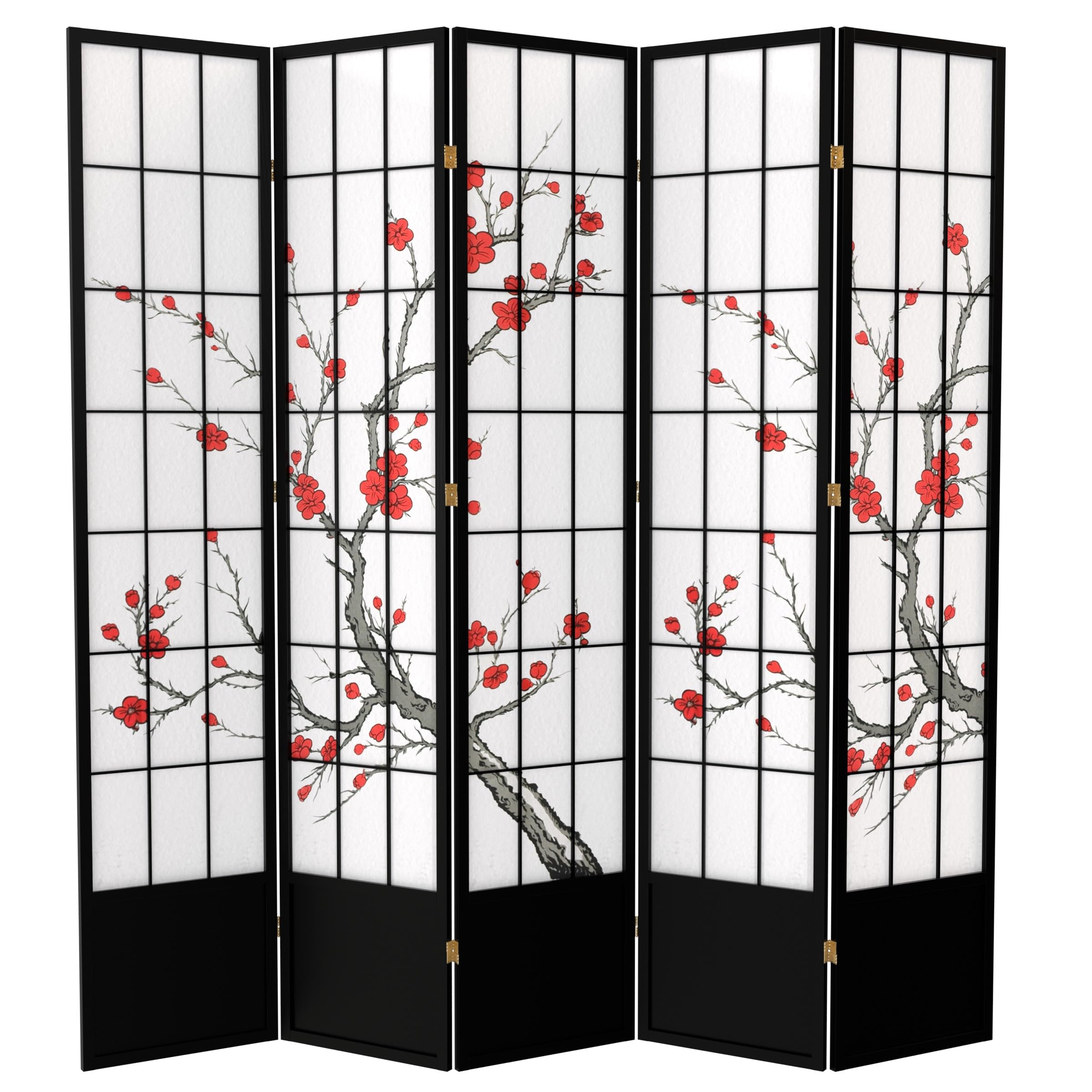 5-Panel Black Room Divider Screen - Red Lantern SS-84CBLSS - Privacy Partition for Home Office, Living Room & Bedroom
