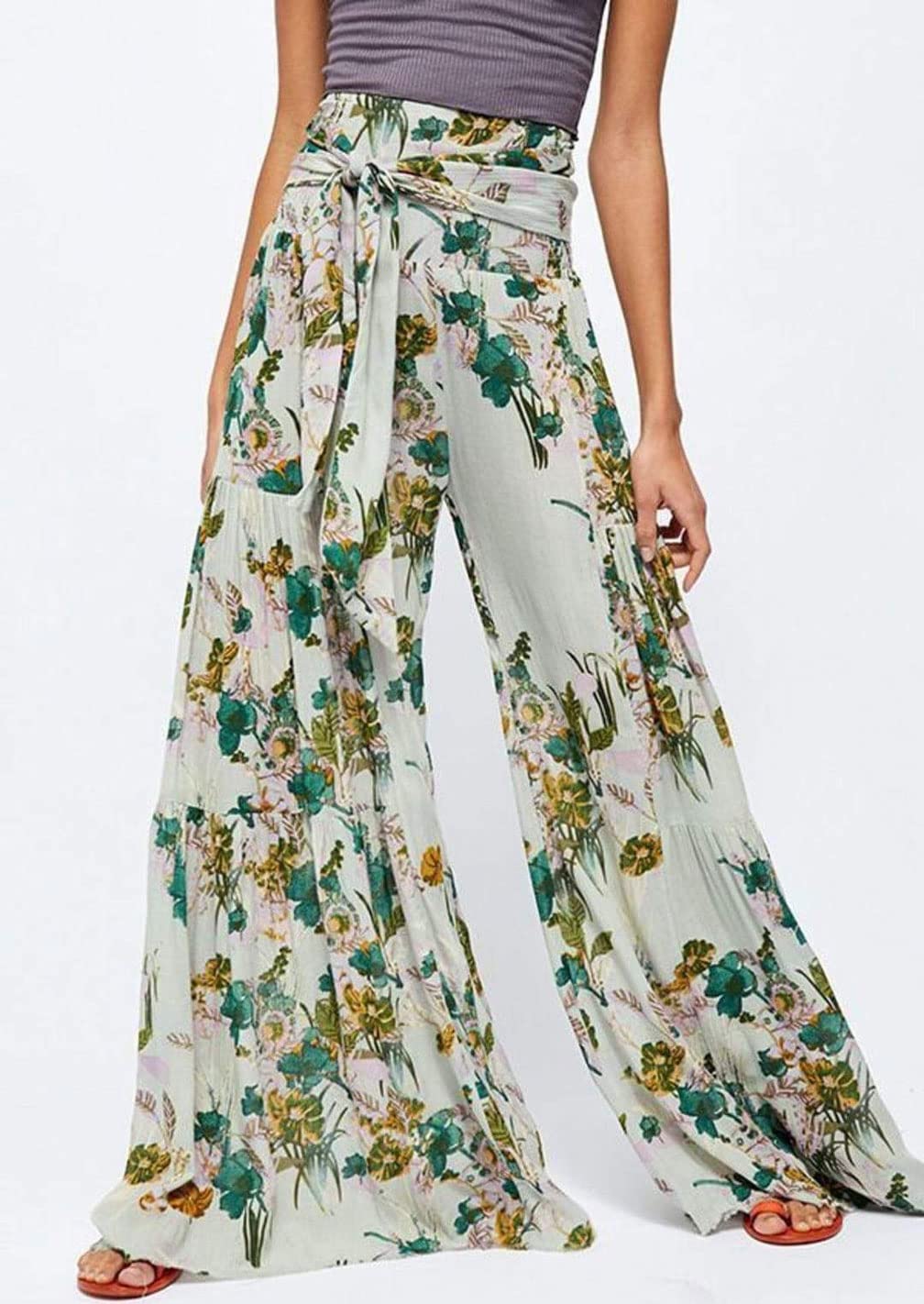 GGUHHU Women's High Waist Wide Leg Beach Pants - Floral Print Pleated Palazzo Trousers with Adjustable Belt | Summer Vacation, Boho Outfit, Casual Wear, Resort Style