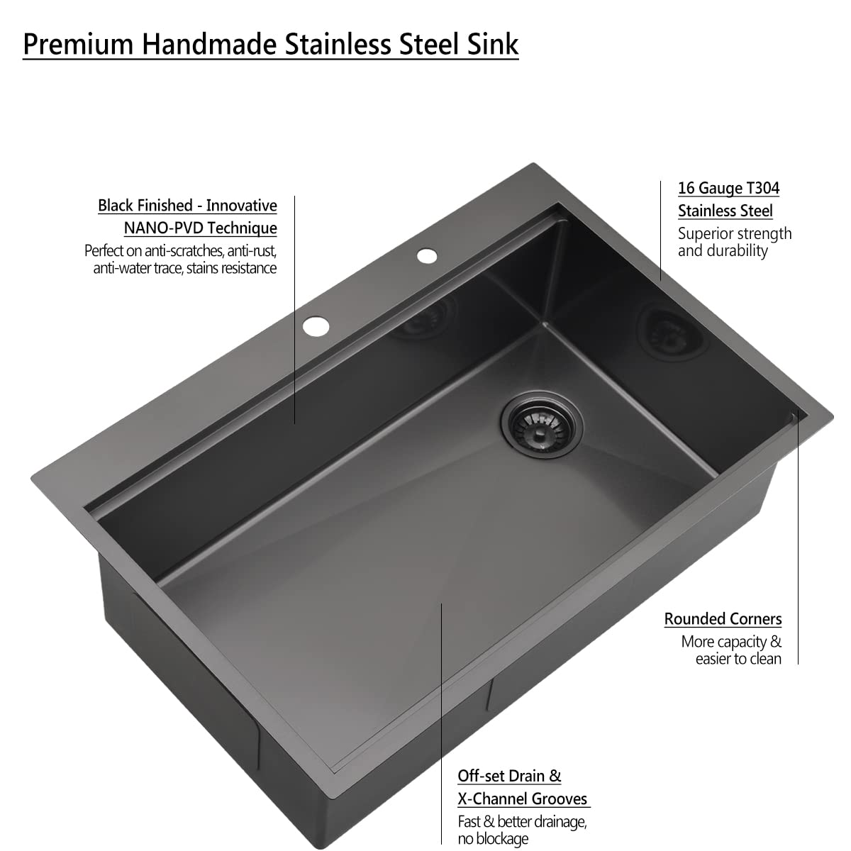 33 Inch Black Drop-In Kitchen Sink - Jshozzy 33x22 Stainless Steel Single Bowl Topmount Sink with Offset Drain | 16 Gauge Deep Workstation Sink for Modern Kitchens | Perfect for Meal Prep, Dishwashing & Large Cookware