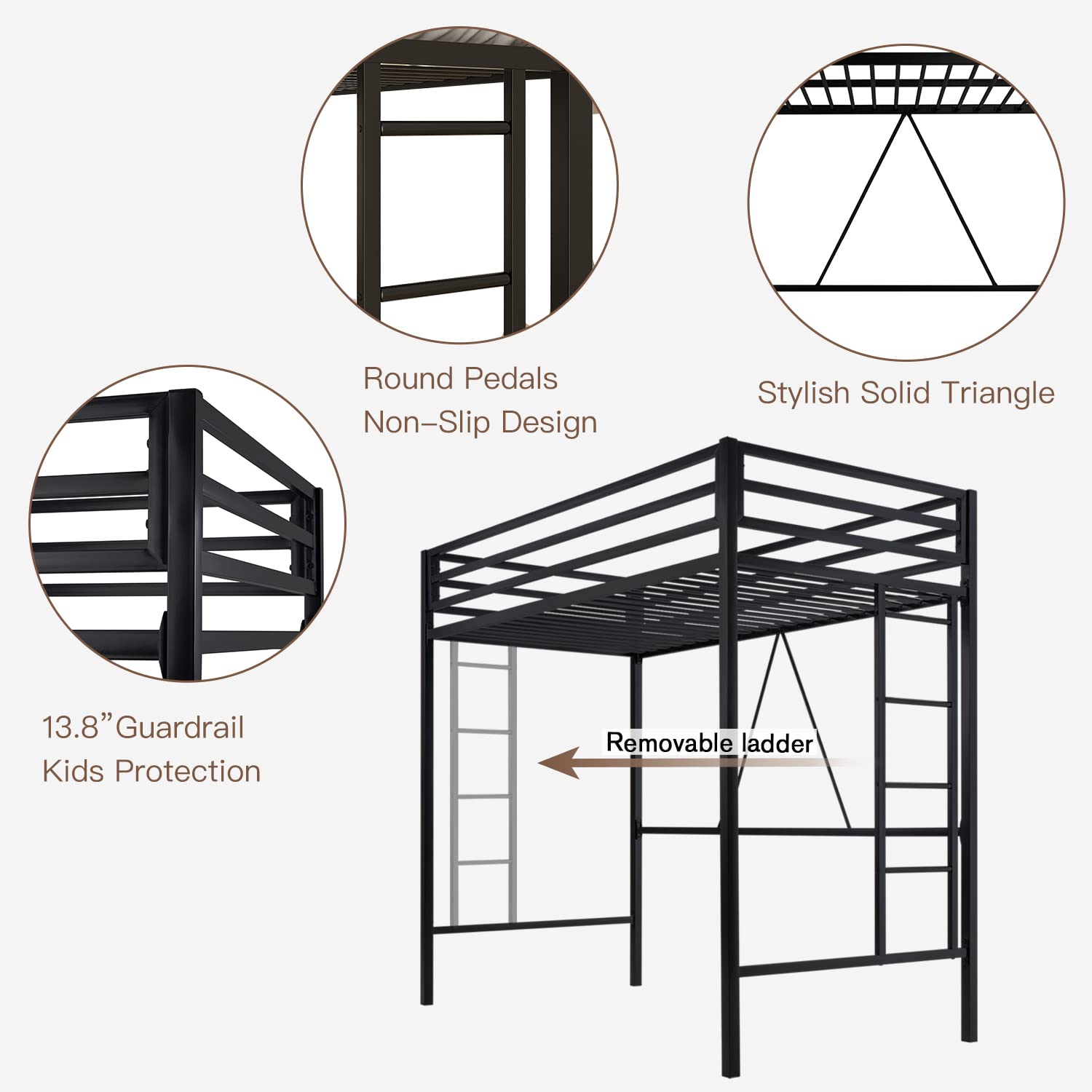 **Metal Loft Bed Twin Size with Safety Guardrail & Ladder - Space Saving Bed Frame, No Box Spring Needed - Matte Black - Ideal for Kids, Teens & Small Bedrooms**