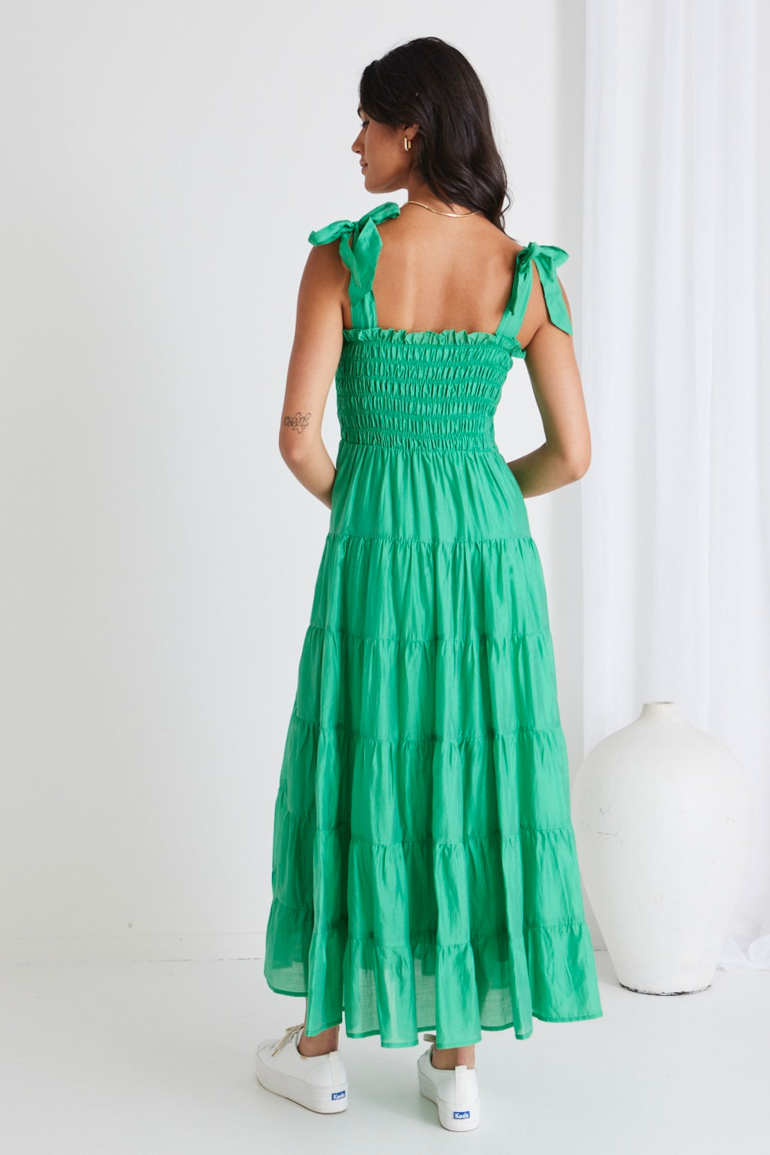 Isabella Green Strappy Tiered Maxi Dress for Women - Summer Beach Wedding Party Dress - Flowy Boho Long Dress with Slit