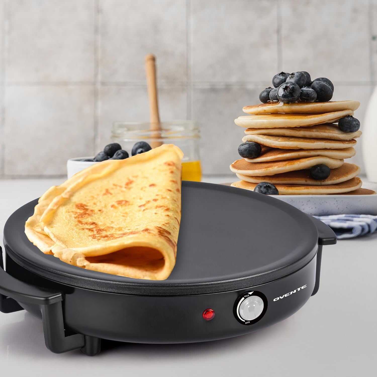 OVENTE 12-Inch Nonstick Electric Crepe Maker & Pancake Griddle with Adjustable Temperature Control, LED Indicator - Perfect for Breakfast, Brunch & Dessert Making at Home - Includes Wooden Spatula & Batter Spreader (Black, Model CRM1122B)