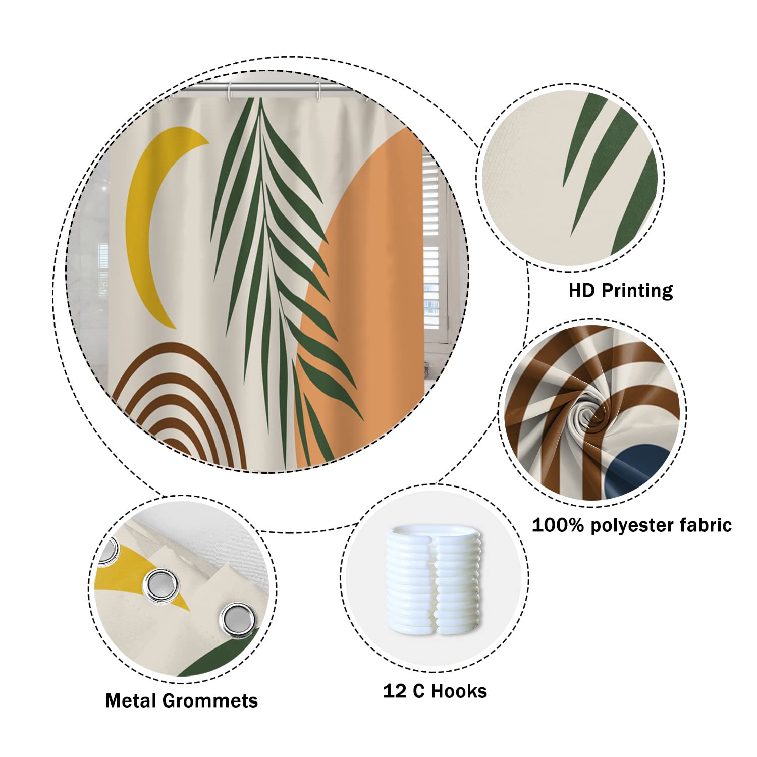 Mid Century Abstract Boho Shower Curtain - Moon & Eucalyptus Leaves Orange Bathroom Decor with Hooks, 60x72 Inch Modern Minimalist Geometric Design for Stylish Bathroom Upgrade | Perfect for Boho, Scandinavian & Contemporary Bathrooms