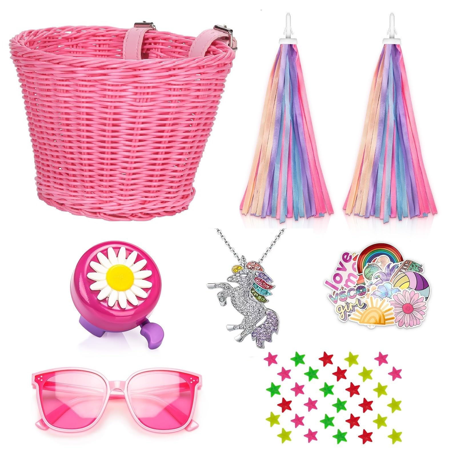 **Unicorn Bike Basket Set for Girls - Handlebar Bicycle Basket with Necklace, Bell, Streamers, Wheel Beads & Sunglasses - Fun Bike Decorations for Kids' Rides & Outdoor Adventures**