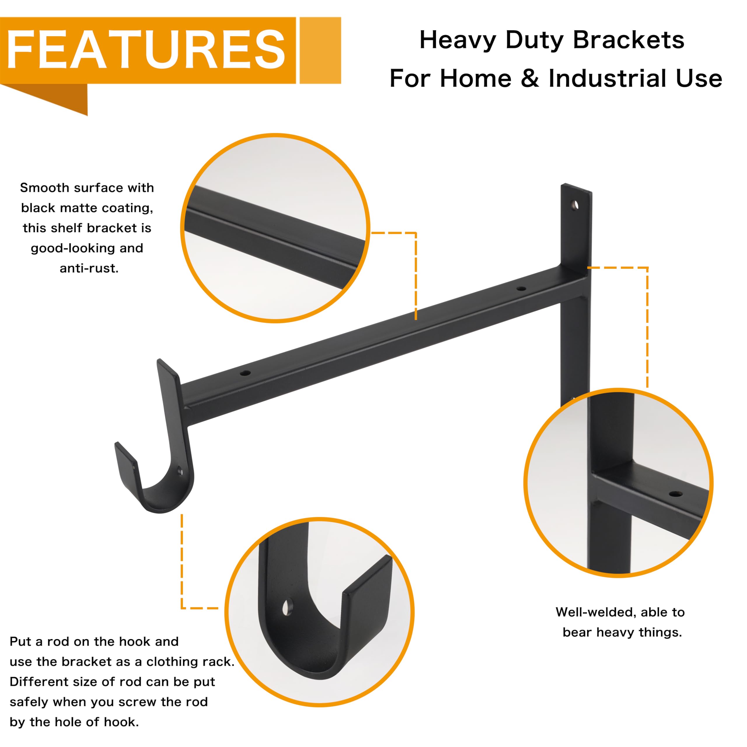 Heavy Duty 10 Inch Black Closet Shelf Brackets with Rod Support & Hook - 6 Pack Wall Mounted for Closet Organization, Wardrobe Storage & Home Decor - EZYDECOR