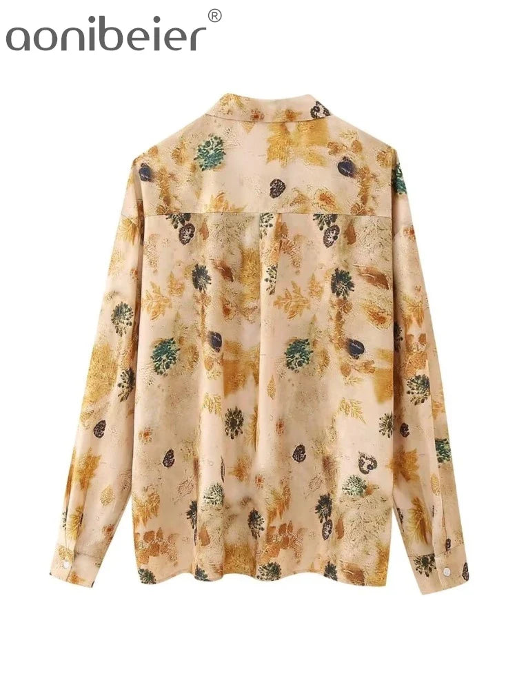 Aonibeier Women's Satin Printed Loose Shirt & Wide Pants Set - Y2K Summer Long Sleeve Casual Blouse Outfit for Women | Perfect for Office Wear, Date Night & Vacation Outfits
