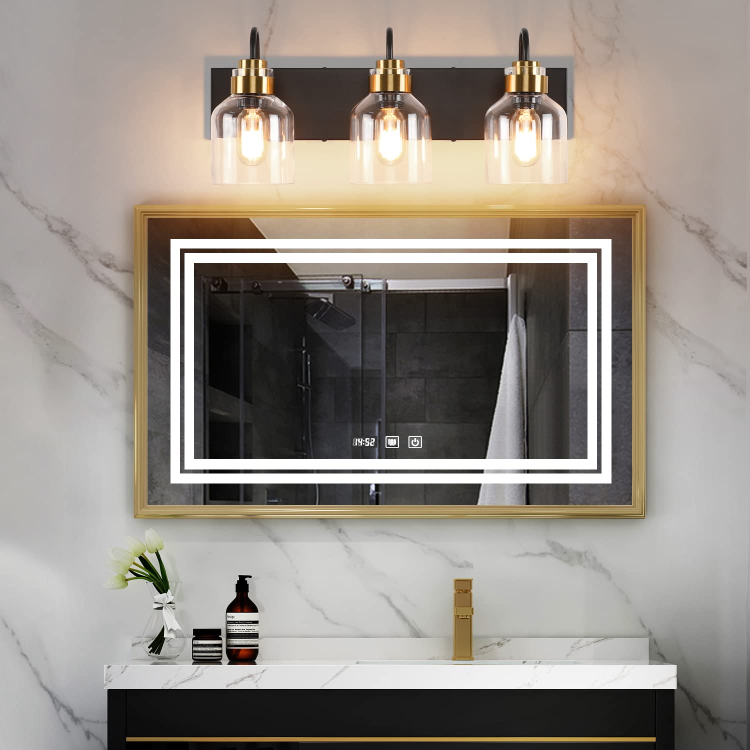 PRESDE Black Bathroom Vanity Light Fixtures - 3-Light Brushed Bronze Wall Sconce for Mirror Lighting | Perfect for Modern Bathroom, Powder Room & Dressing Room Makeup Vanity