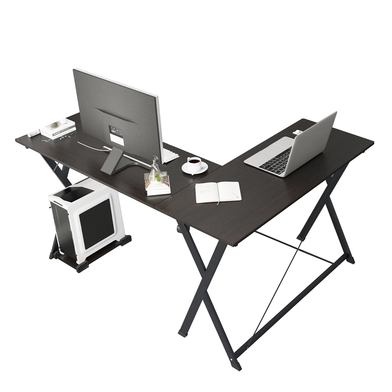 DlandHome L-Shaped Corner Computer Desk - Black | Home Office Workstation with Large Surface for Writing, Gaming & Study | Perfect for Small Spaces & Multitasking