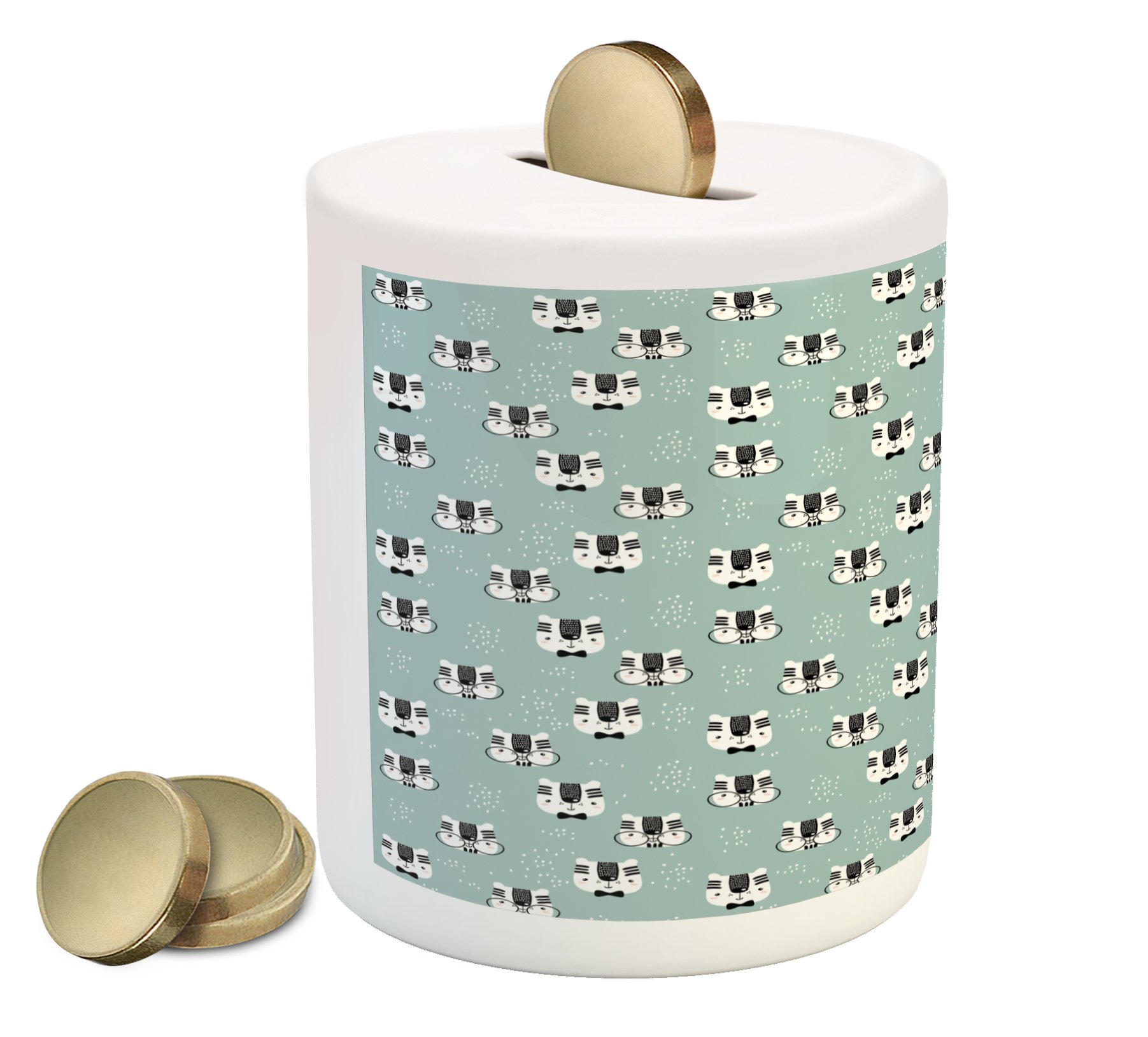 Ambesonne Ceramic Cat Piggy Bank with Kittens in Giant Glasses Sketch Design - Dotted House Pet Pattern Money Box for Cash Savings (Seafoam Black & White) - Perfect for Kids' Allowance, Coin Collection & Home Decor
