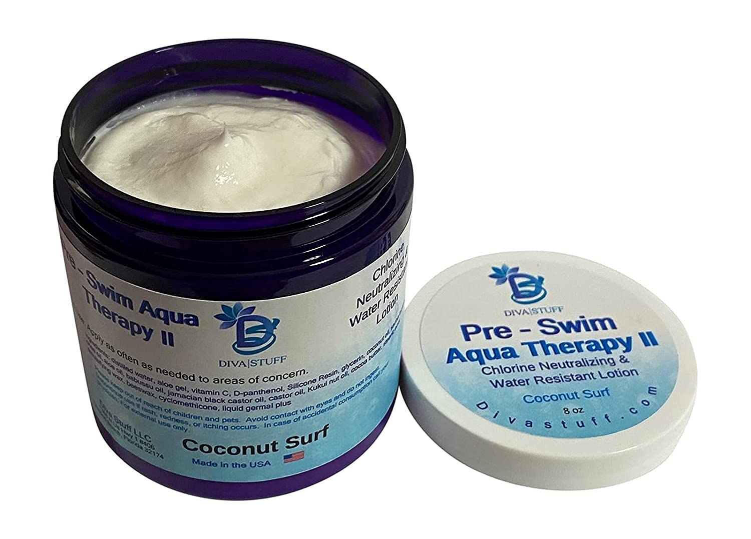 **Diva Stuff Pre-Swim Aqua Therapy Chlorine Neutralizing Body Lotion - Coconut Surf Scent, Water-Resistant Formula for Skin Protection Against Chlorine & Saltwater | Ideal for Swimming, Beach & Pool Days**