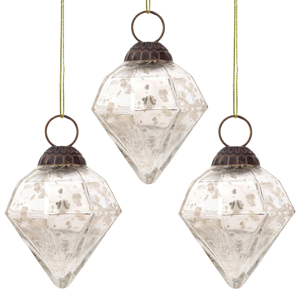 3 Pack Mercury Glass Ornaments - 3 Inch Silver Christmas Tree Decorations | Elegant Elizabeth Design for Holiday, Wedding & Party Decor