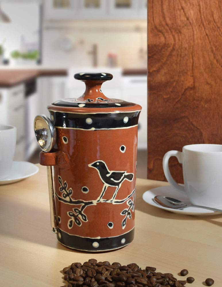 Handcrafted American Terra Cotta Kitchen Canister with Pewter Scoop, Blackbird Design - Perfect for Coffee, Tea & Pantry Storage