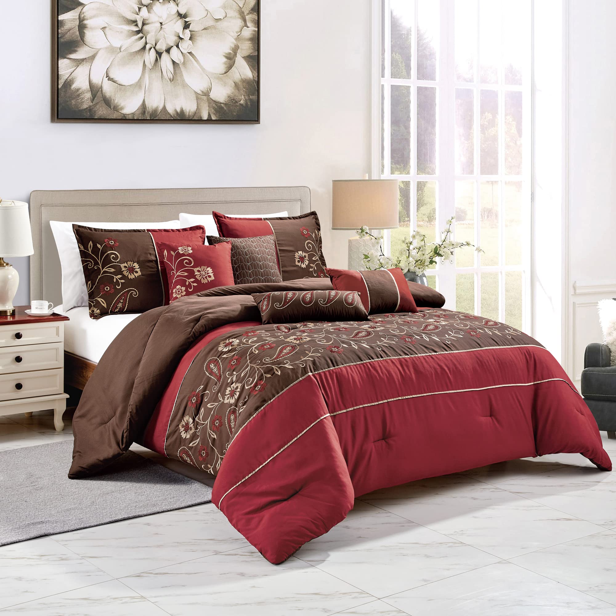 Luxury 7-Piece King/Cal-King Comforter Set with Shams & Cushions - Modern Paisley Red Floral Rusty/Choco Brown Elegant Embroidered Bedding - Perfect for Master Bedroom, Guest Room, or Hotel Decor