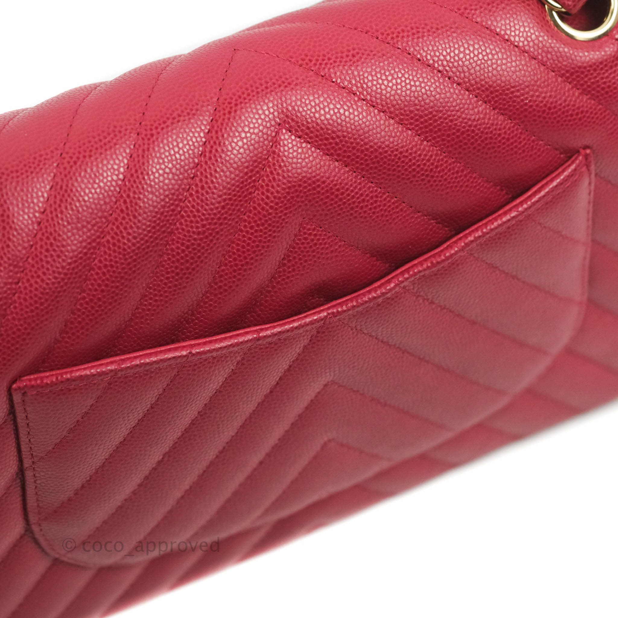 Chanel Classic M/L Medium Chevron Double Flap Bag in Cherry Red Caviar Leather with Gold Hardware - Perfect for Evening Events, Luxury Gifts & Fashionable Outfits