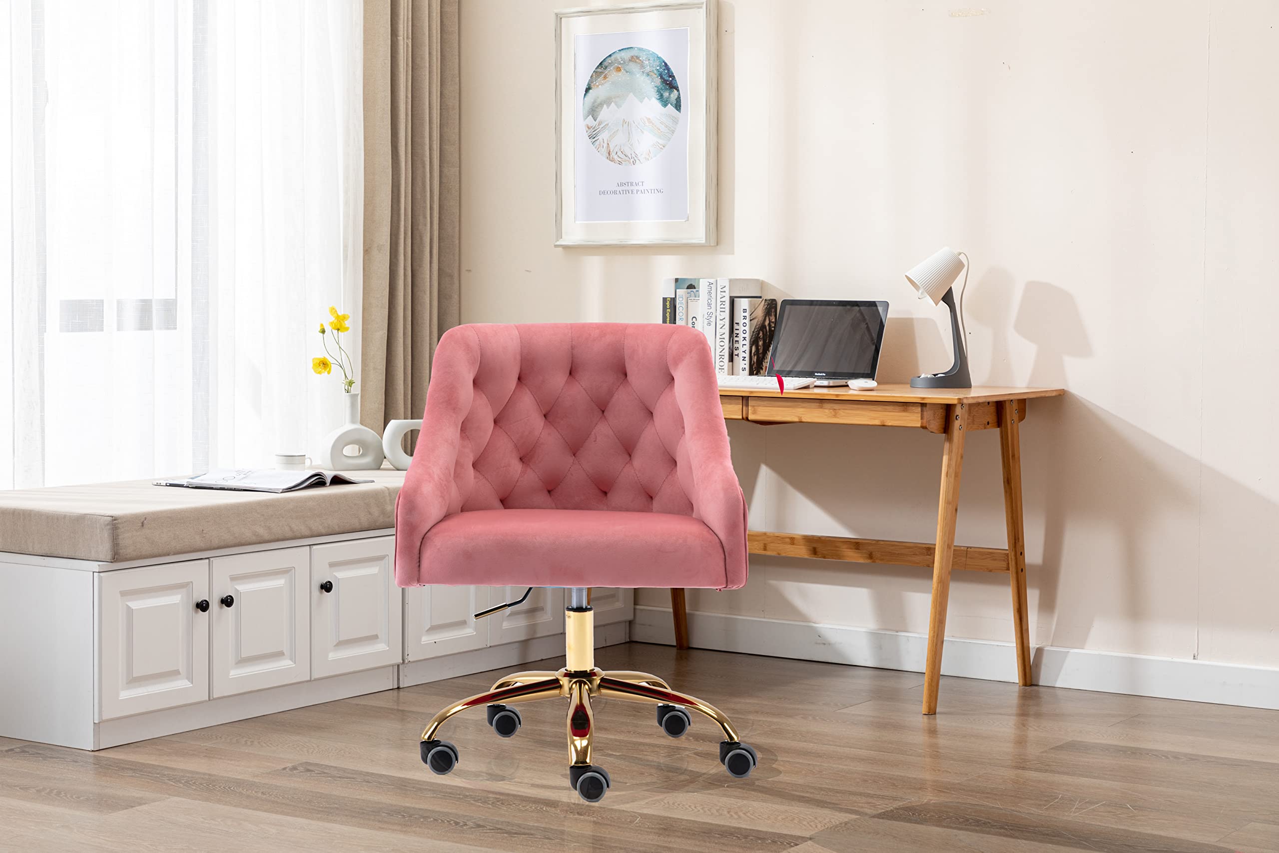 Modern Velvet Home Office Chair with Wheels - Swivel Adjustable Height Desk Chair for Work, Vanity & Makeup - Stylish Task Chair for Living Room & Bedroom (Peach Pink) - Perfect for Remote Work, Gaming & Beauty Routines