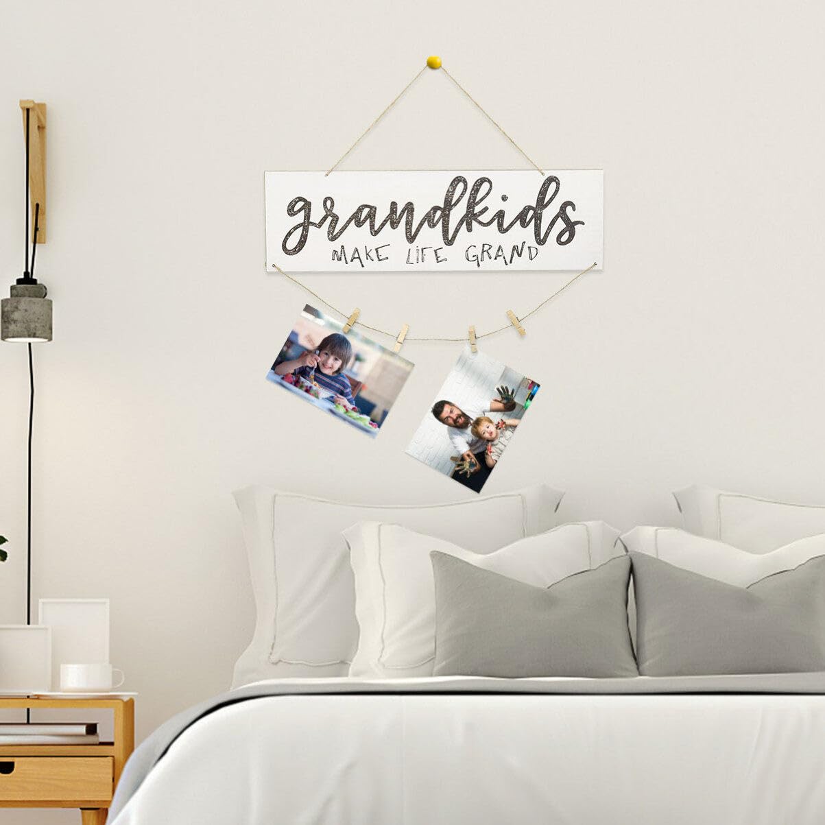 Garneck Mini Wooden Hanging Photo Frame - DIY Picture Display Board with Wooden Clips & Beaded Ropes for Grandparents, Home Decor (White) | Perfect for Living Room Walls, Nursery Decor & Family Gift Ideas