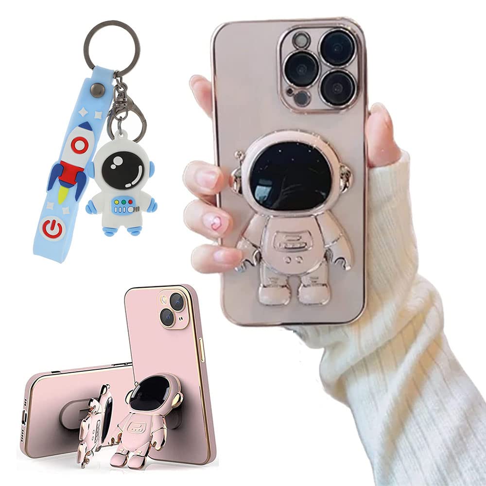Wangfeng 6D Plating Astronaut Hidden Stand Case for iPhone 12 - 2022 New Electroplated Shockproof Phone Cover with Kickstand (Pink) | Perfect for Space Enthusiasts & Everyday Protection