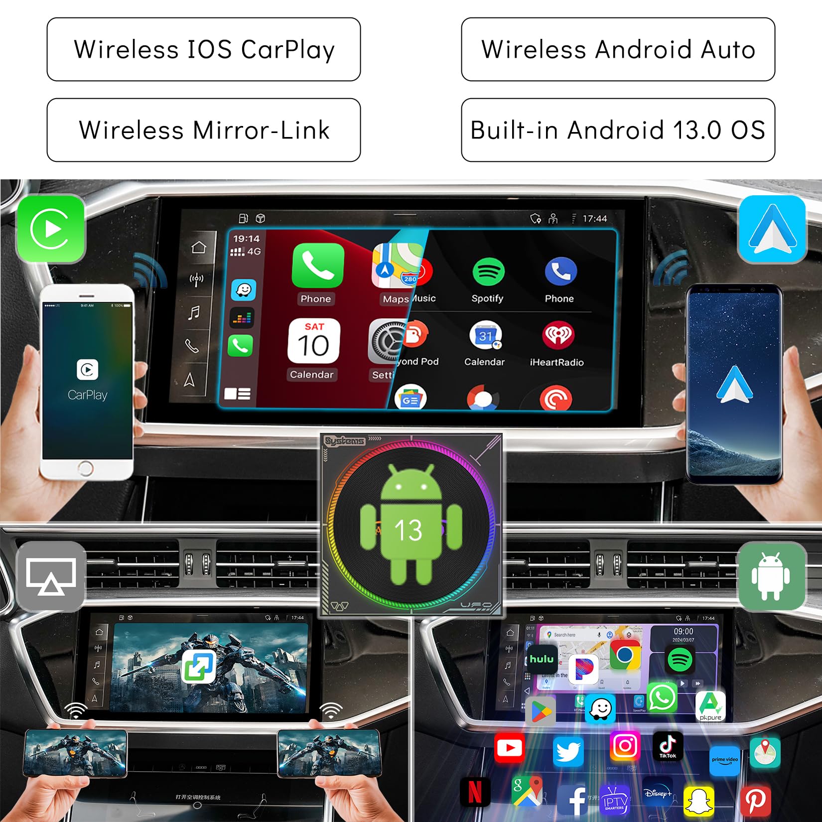 5.0 Wireless CarPlay Android Auto Adapter - Android 13.0 Video AI Box 8GB RAM 128GB Storage - Car Screen Mirroring Device with Built-in YouTube Netflix - Compatible with 2017-2024 Factory Wired CarPlay Vehicles - Perfect for Streaming, Navigation & Hands-Free Driving
