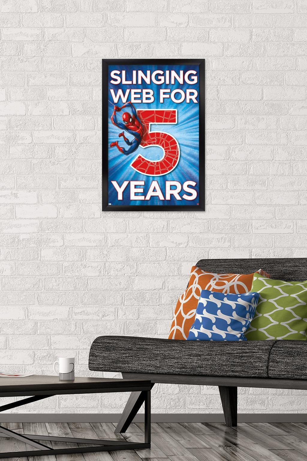 Marvel Spider-Man Happy 5th Birthday Wall Poster - 22.4x14.7 Inches Black Framed Superhero Decor for Kids Room, Birthday Party & Nursery - Officially Licensed Marvel Merchandise