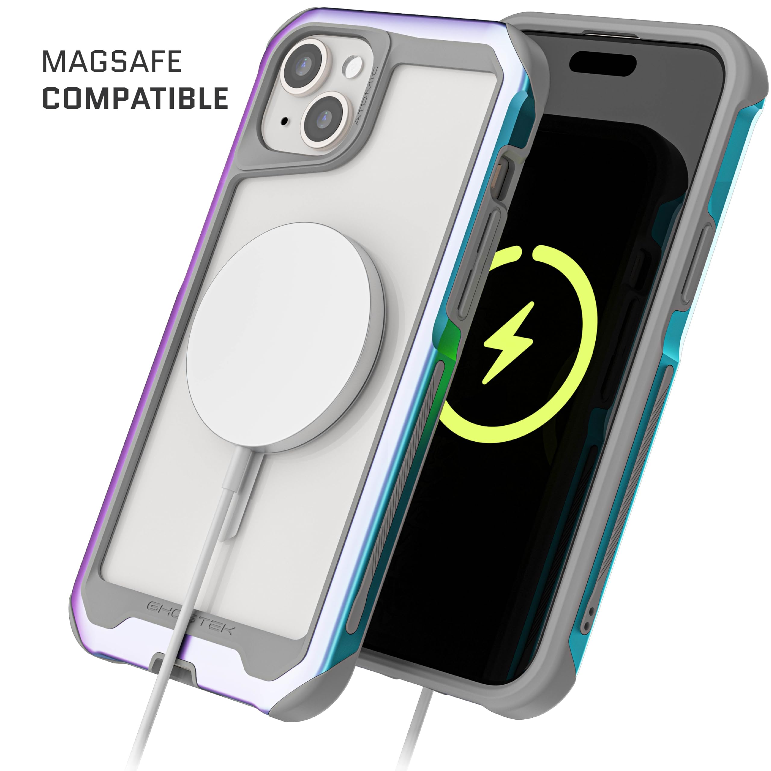 Ghostek Atomic Slim iPhone 15 Plus Case with MagSafe Compatibility | Aluminum Iridescent Fluorescent Bumper | Heavy Duty Protection for 6.7