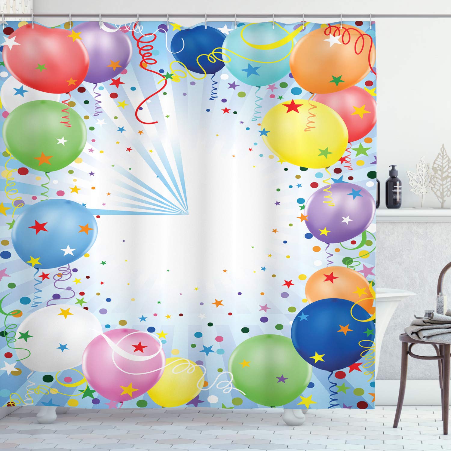 Ambesonne Party Shower Curtain - Colorful Balloons Confetti Stars Design, 69x84 Inch Fabric Bathroom Decor with Hooks - Perfect for Birthday Celebrations, Baby Showers & Holiday Parties