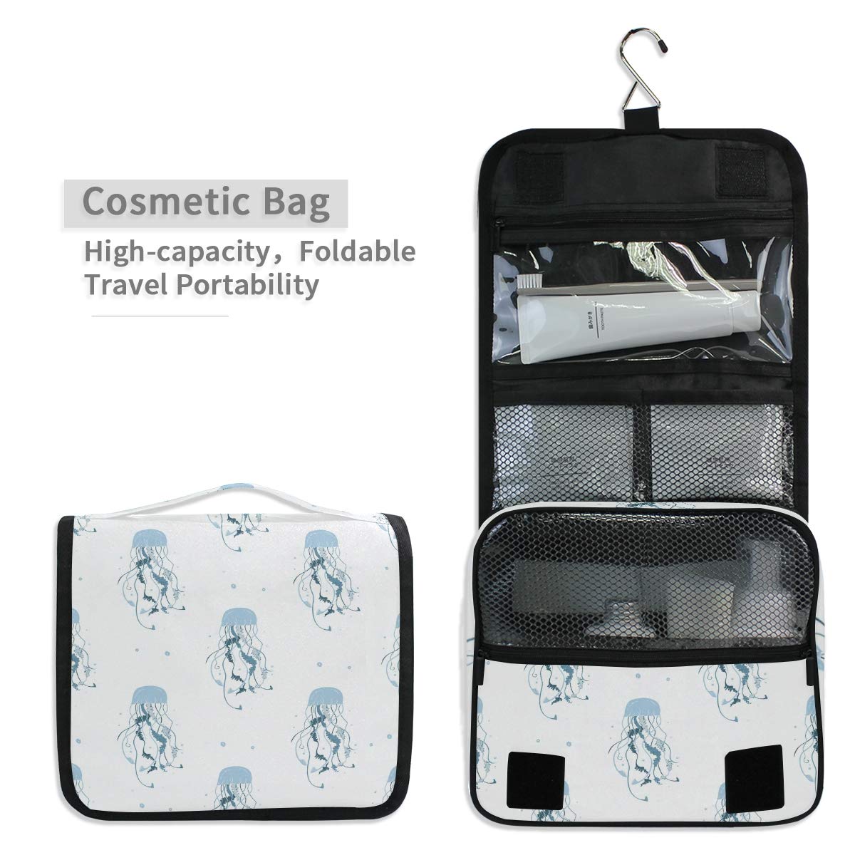 MOYYO Travel Hanging Toiletry Bag - Waterproof Cosmetic Organizer for Women | Portable Makeup Pouch with Blue Jellyfish Design | Perfect for Shower, Gym, Vacation & Daily Use
