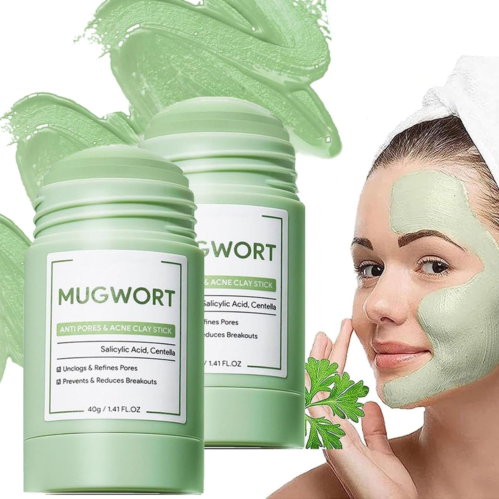 **Organic Mugwort & Centella Clay Mask Stick - Acne & Blackhead Remover, Green Clay Facial Mask for All Skin Types (2PC) - Deep Cleansing & Pore Minimizing for Glowing Skin**