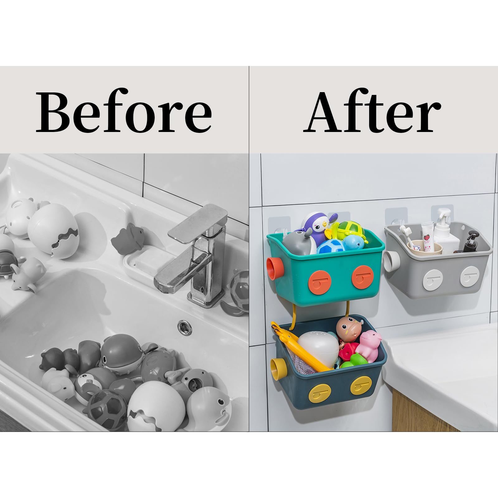 3-Tier Colorful Robot-Shaped Wall Mounted Bath Toy Storage Organizer Basket with Hooks - Perfect for Kids' Shower Caddy, Shampoo & Bath Accessories Organization in Bathroom