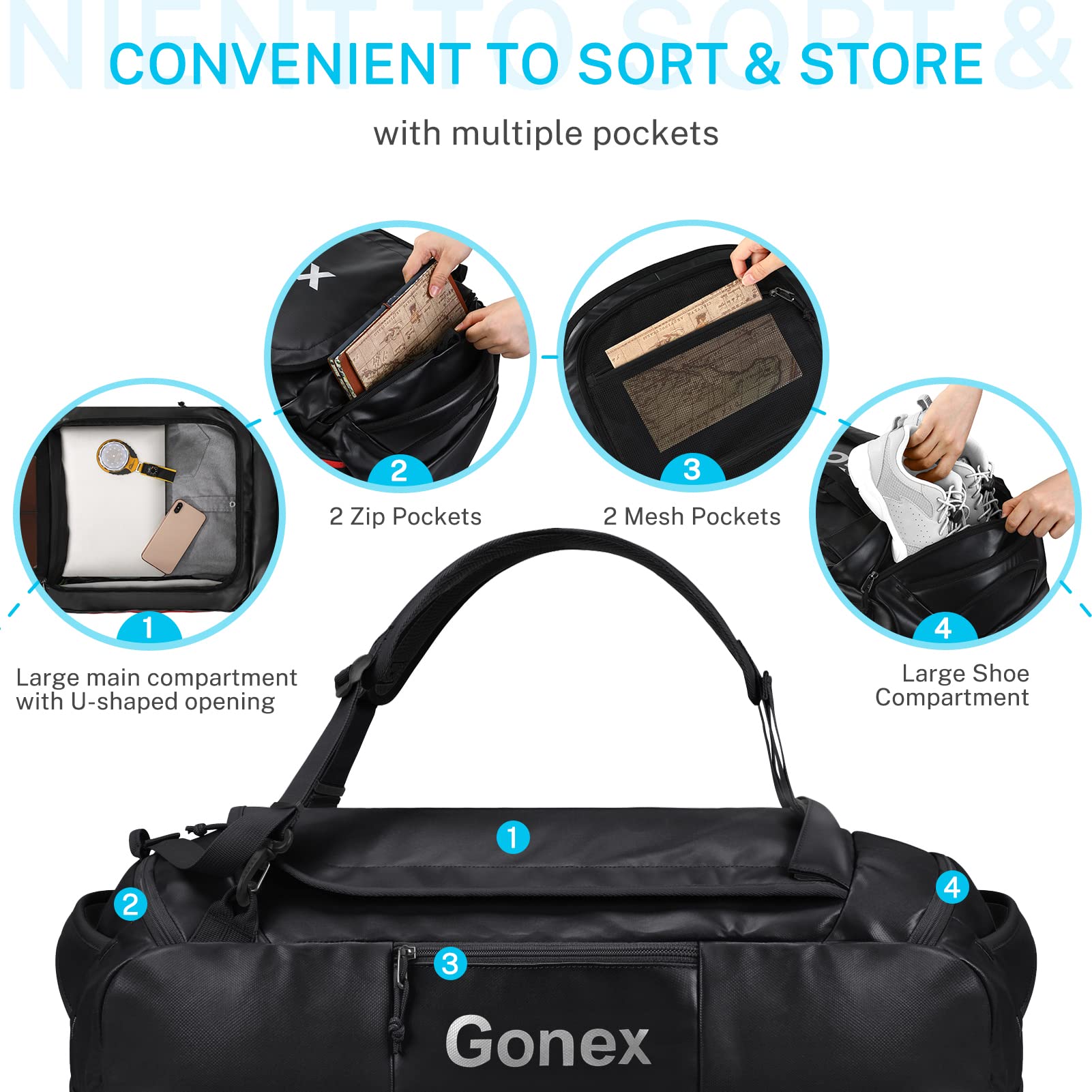 Gonex 80L Water-Repellent Convertible Duffel Bag Backpack for Men & Women - Gym, Hiking, Camping, Travel & Cycling - Black | Perfect for Outdoor Adventures, Workouts & Weekend Getaways