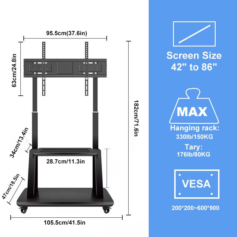 Heavy-Duty Mobile TV Cart with Wheels - Adjustable Height Floor Stand for 42-86 Inch LCD LED OLED Flat Screen TVs & Smart Boards - Holds up to 176lbs with Storage Shelf - Perfect for Classrooms, Offices & Home Entertainment Systems