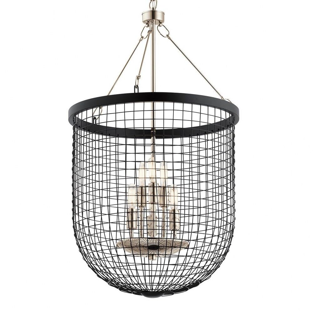 6-Light Industrial Farmhouse Pendant Lighting Fixture - Black Metal Wire Mesh Cage Chandelier for Kitchen Island, Dining Room, or Bar Decor