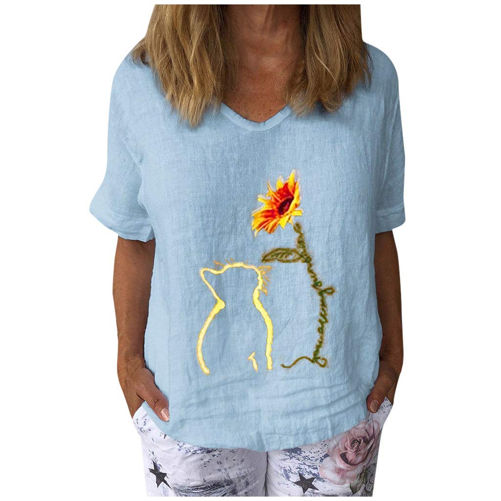 Lozeny Women's Cat Floral V-Neck T-Shirt - Cute Short Sleeve Summer Blouse Pullover Casual Tunic Top for Daily Wear, Outings & Vacation