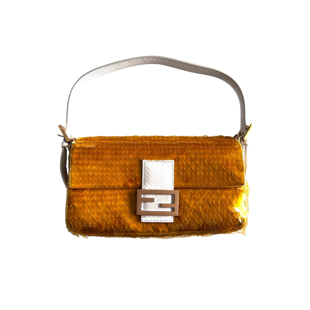 Fendi Gold Satin Sequin Baguette Bag - Luxury Evening Clutch for Women | Perfect for Parties, Weddings & Special Occasions