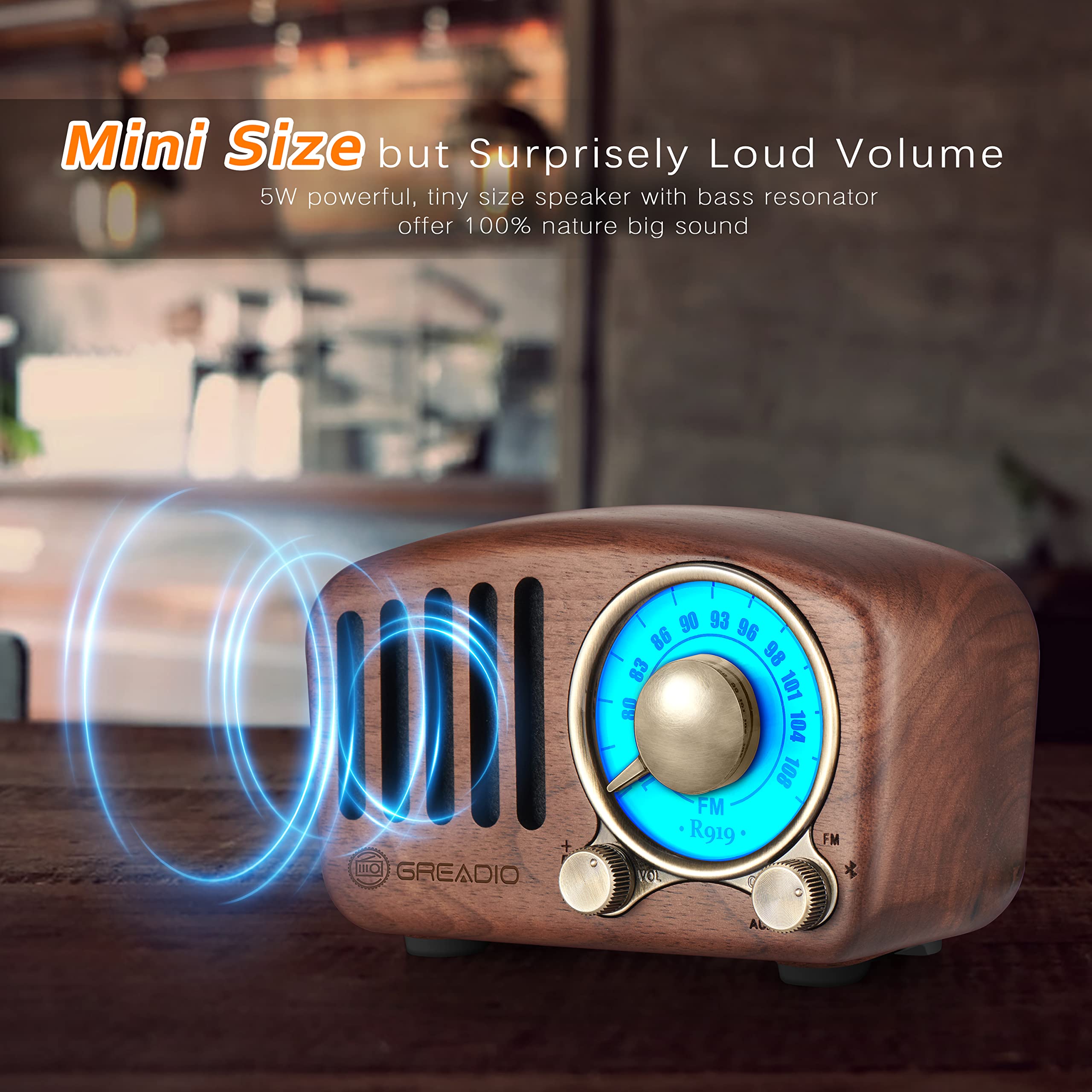 Vintage Greadio Walnut Wood Bluetooth Speaker - Retro Style Wireless Speaker with Bass Enhancement, Loud Volume, Bluetooth 5.0, MP3 & FM Radio - Perfect for Home, Office, and Outdoor Use
