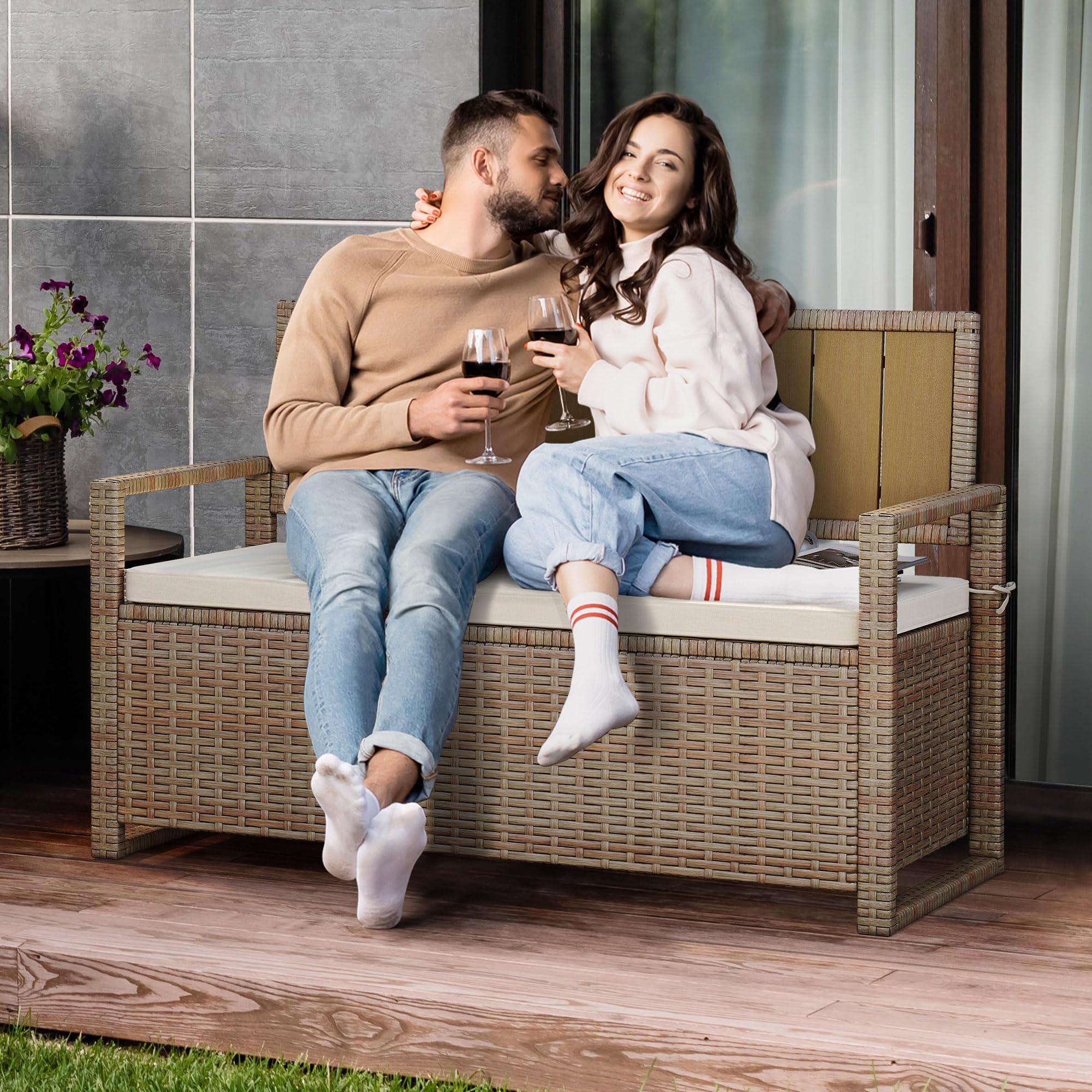 YITAHOME 70 Gallon Outdoor Storage Bench - All-Weather PE Rattan Deck Box with Wicker Design, Patio Furniture Storage for Cushions, Pool Accessories & Garden Tools - Beige - Perfect for Backyard, Deck, and Poolside Organization