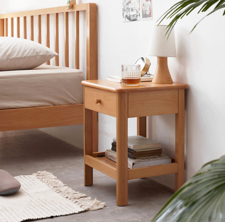 Solid Wood Nightstand - Beech & Pine Bedside Table for Bedroom, Modern & Rustic End Table with Storage Shelf - Perfect for Bedroom, Living Room, or Office