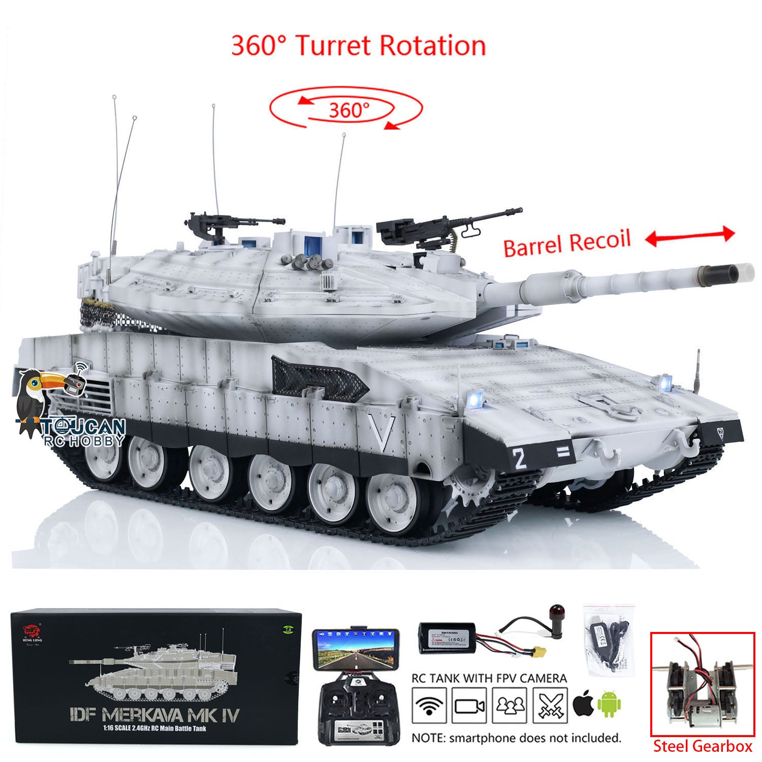 Heng Long 1/16 Scale RC Tank - IDF Merkava MK IV Metal Gearbox with FPV Camera | 360° Rotation | Military Radio Controlled Toy for Adults & Collectors | Perfect for Battle Simulation & Outdoor Play