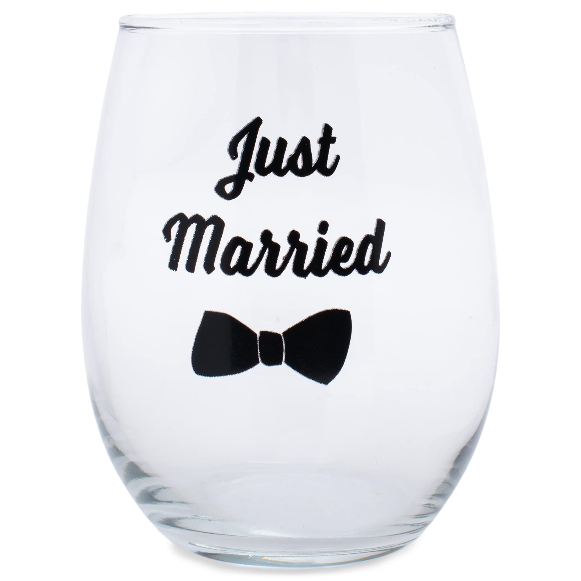 Elanze Designs Just Married & Bowtie 14oz Black Stemless Wine Glass Tumbler - Perfect for Weddings, Bridal Showers & Anniversary Celebrations