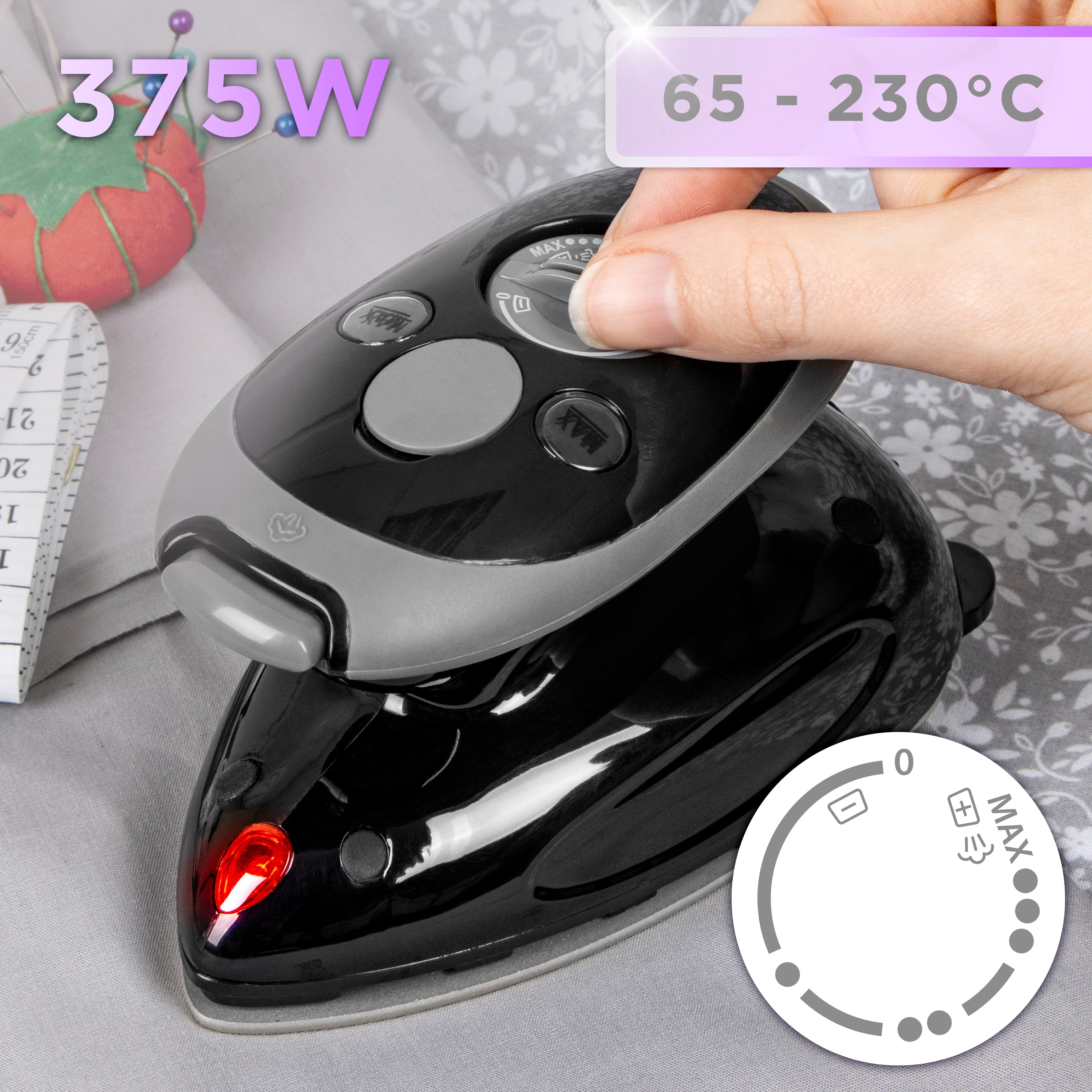 Duronic SI2 BK Mini Travel Iron - 375W Compact Steamer with 50ml Water Tank, Adjustable Heat Settings & Brush - Perfect for Quilting, Patchwork, Applique & Crafts - Ideal for Holidays & Business Trips - Black