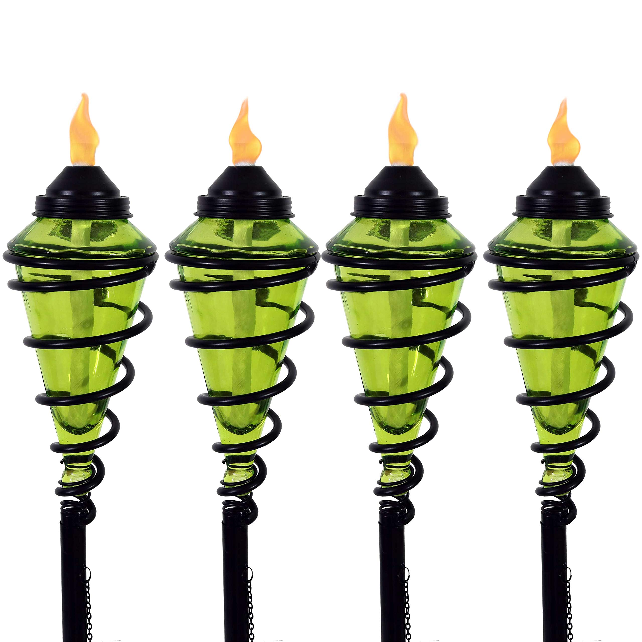 Adjustable Green Glass Torch with Metal Swirl Design - 25 to 66 Inch Height - Set of 4 Outdoor Patio Fire Pits for Backyard, Garden & Poolside Decor