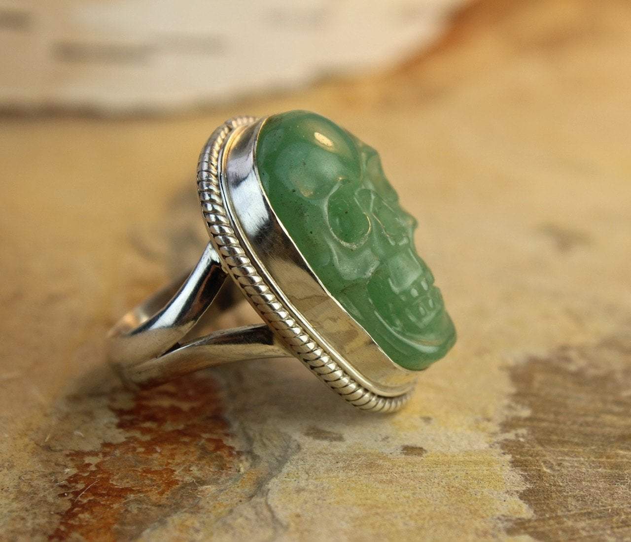 Hand Carved Genuine Jade Skull Ring for Men - Size 8 - Gothic Punk Jewelry for Halloween, Cosplay & Alternative Fashion