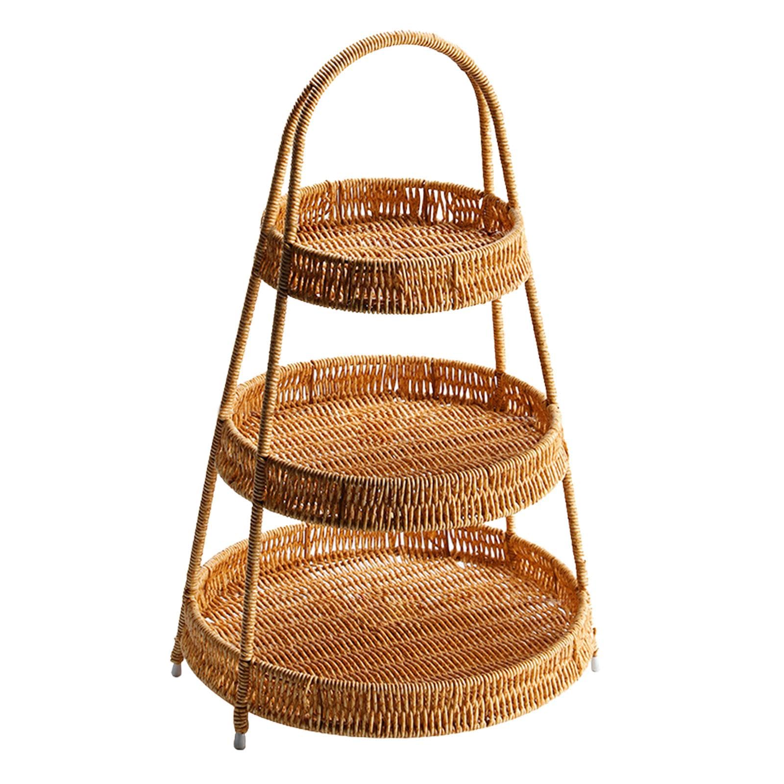 CALANDIS® 3-Tier Handwoven Wicker Serving Basket - Food & Snack Tray for Coffee Table, Party Countertop, and Light Dining | Perfect for Fruits, Bread, Desserts, and Entertaining Guests at Home or Office