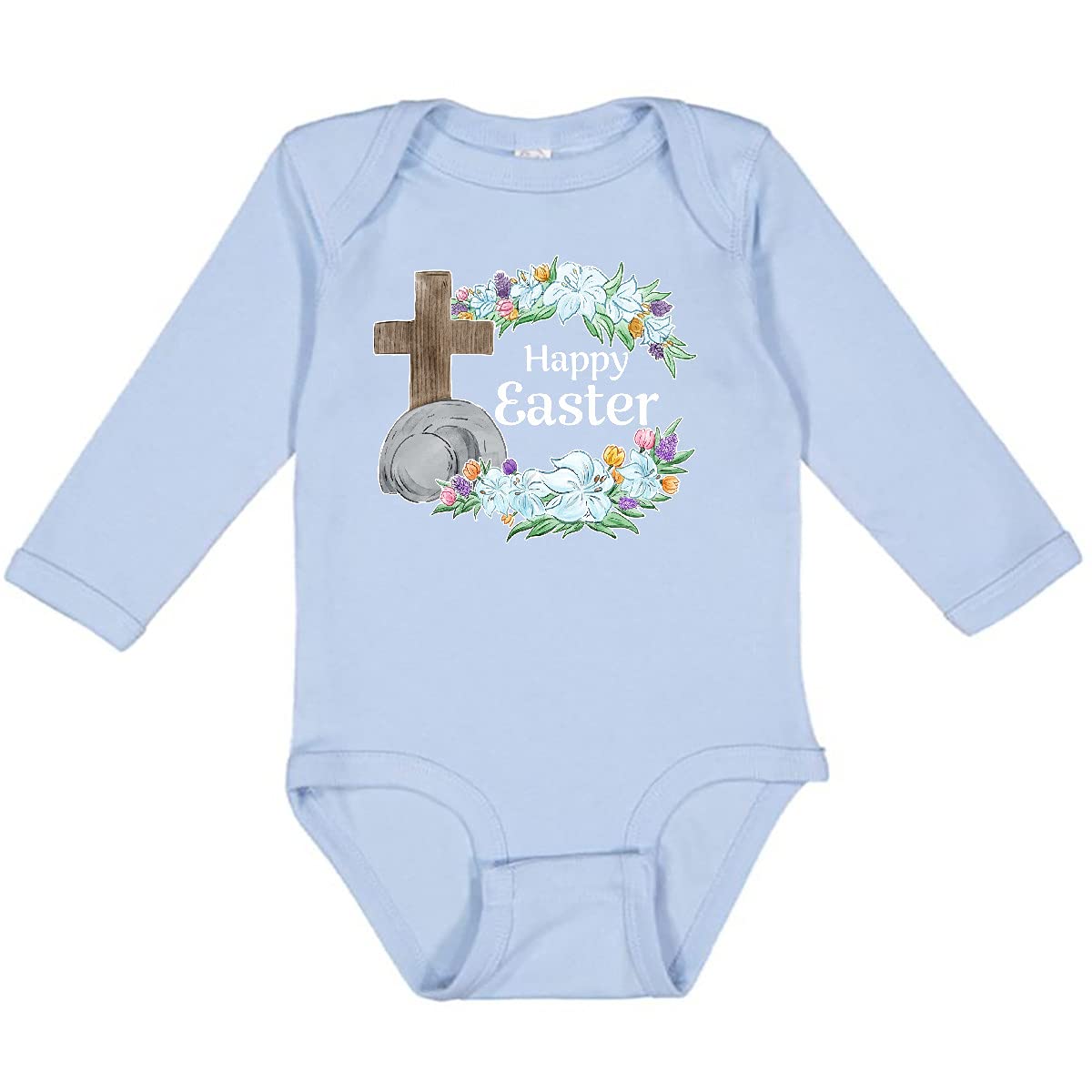 Inktastic Happy Easter with Cross and Flowers Long Sleeve Baby Bodysuit - Perfect for Easter Celebrations, Church Outfits & Spring Photoshoots