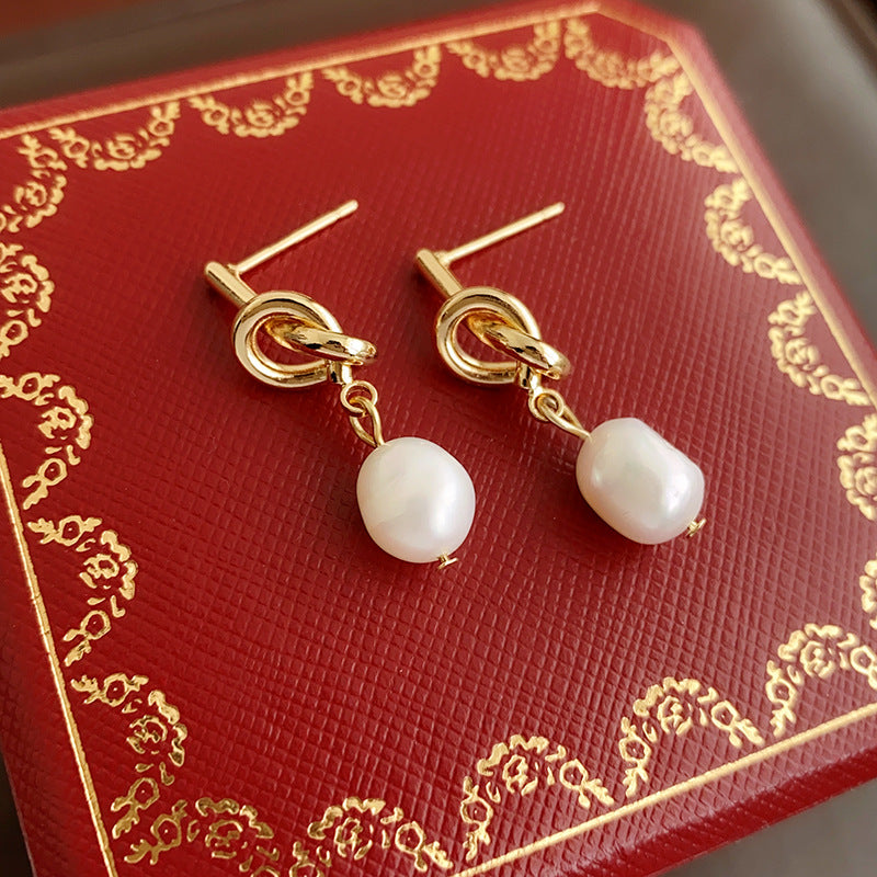 Gold Knot Freshwater Pearl Dangle Earrings for Women | HE1300 | Elegant Pearl Jewelry Gift for Brides, Weddings & Special Occasions