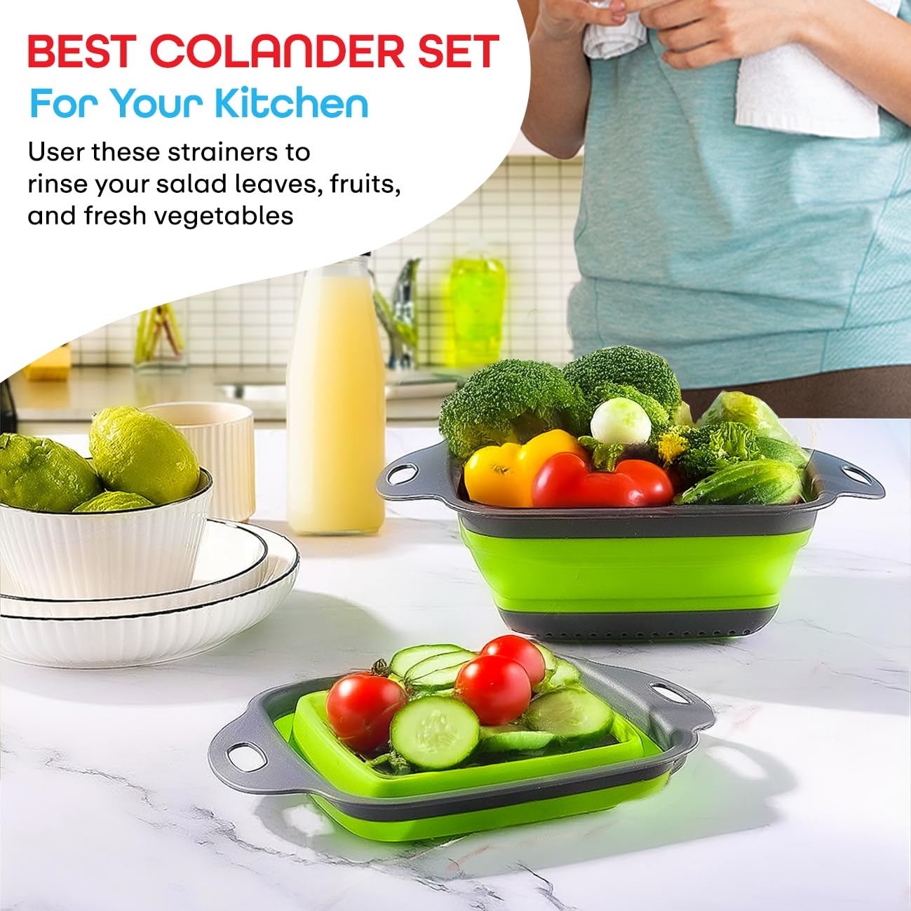 Premium Collapsible Colander Set - 2 Pack Silicone Strainers for Kitchen, Green | Foldable Vegetable & Fruit Basket | Ideal for Washing, Draining, and Storing Produce | Space-Saving Kitchen Essentials